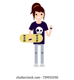 cartoon flat illustration - skater girl t-shirt with a skull with a skateboard - active rest