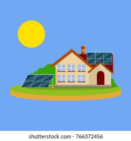 cartoon flat illustration - smart home. suburban private house with a solar power plant on the roof. of green Technology.