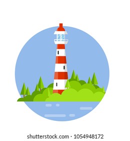 Cartoon flat illustration - stone red and white lighthouse on the natural landscape. the Gulf coast sea. building near the water. beautiful tourist attraction. highest tower
