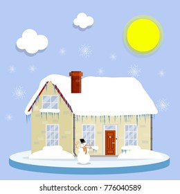 cartoon flat illustration - The suburbs of the city. Snowy winter with icicles, snow drifts and frosty. Winter landscape.