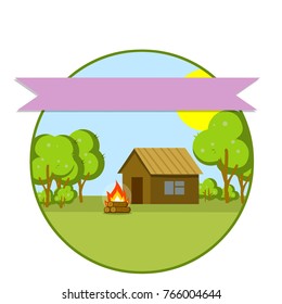 cartoon flat illustration - Summer landscape with a wooden house, a tree, a fire. Clear blue sky with ribbon in circle