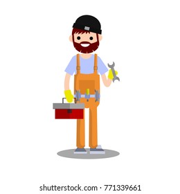 cartoon flat illustration - technical worker. Guy Specialist in an orange jumpsuit. Mechanic with wrench and screwdriver. Young Techniques.