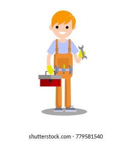 cartoon flat illustration - technical worker. Guy Specialist in an orange jumpsuit. Mechanic with wrench and screwdriver. Young Techniques.