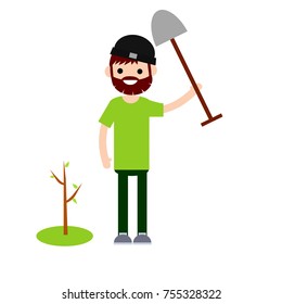 Cartoon flat illustration - thebearded guy in the hat in the green dress puts the plant a tree, holding a shovel in his hands