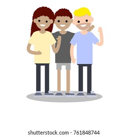 cartoon flat illustration - Three friends in yellow, grey and blue cloth. Two afro american people and blond beard european guy in blue cloth.