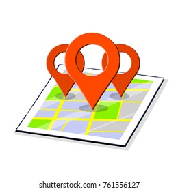 cartoon flat illustration - three red points of the route on the tourist map of the city icon