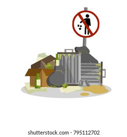 cartoon flat illustration - trashcan with bags and boxes. landfill waste. urban ecology problem. sign do not litter. bottles, scraps, paper, cans lying in the street. debris environment concept.