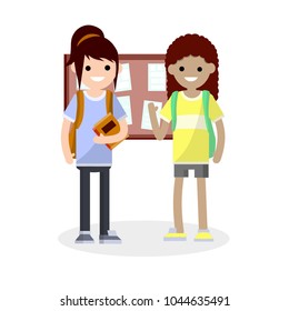 Cartoon flat illustration - two female students with books and a backpack stand next to the message Board. study of young women. higher education. two girl friends talking in school