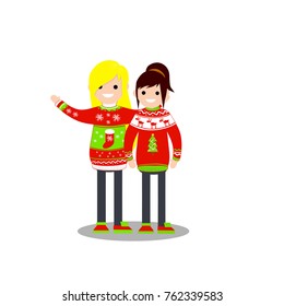 cartoon flat illustration - two girl in christmas sweater