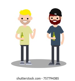 cartoon flat illustration - two grown beard men stand, drinking beer from bottles
