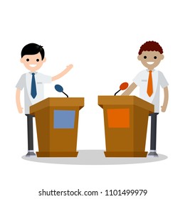 Cartoon flat illustration - two guys in the stands discussion. men's political debate. guys in shirt. state elections. Discussion of important cases. red vs blue idea