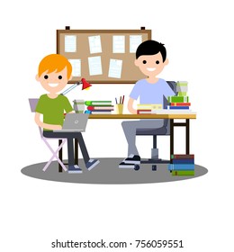 cartoon flat illustration - two guys  students, sitting on chairs at a table with books and laptop with the message Board