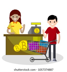 Cartoon flat illustration - two people in store. woman seller at the counter and a man buyer pays for goods with bitcoin. technology of blockchain and cryptocurrency. clearing settlement. guy and girl