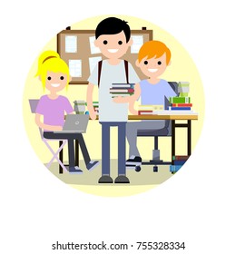 ilustración plana de dibujos animados - dos estudiantes, un niño y una niña sentados en sillas en una mesa con libros y un ordenador portátil con el mensaje Board, un tipo vestido de azul con una mochila y libros en un grupo amarillo