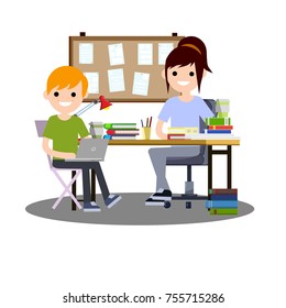 cartoon flat illustration - two students, boy and girl sitting on chairs at a table with books and laptop with the message Board