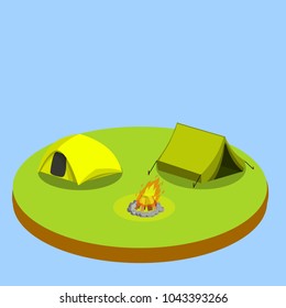 cartoon flat illustration - two tent camp. active rest on the nature of the fire. the warm summer tourist season. travel to the landscape.