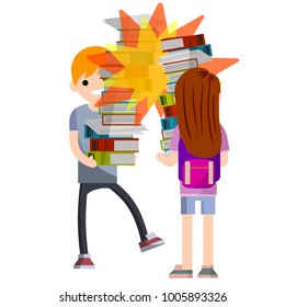 cartoon flat illustration - two young student with a pile of books textbooks encountered. An unexpected meeting of people. Studying boys and girls.
