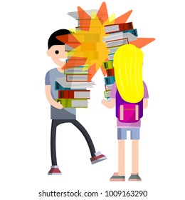 cartoon flat illustration - two young student with a pile of books textbooks encountered. An unexpected meeting of people. Studying boys and girls.
