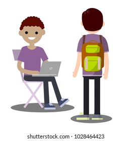 cartoon flat illustration - two young friends talking. a man sits on a chair with a laptop. guy student with a backpack. Communication between work colleagues.
