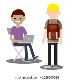 cartoon flat illustration - two young friends talking. a man sits on a chair with a laptop. guy student with a backpack. Communication between work colleagues.
