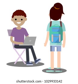 cartoon flat illustration - two young friends talking. a man sits on a chair with a laptop. girl student with a backpack. Communication between work colleagues.
