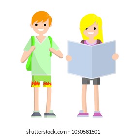Cartoon flat illustration - two young people are tourists with a map. couple man and woman with backpack. a guy in summer clothes and a blonde girl on a trip. finding ways.
