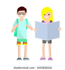 Cartoon flat illustration - two young people are tourists with a map. couple man and woman with backpack. a nerd guy in summer clothes and a blonde girl on a trip. finding ways.

