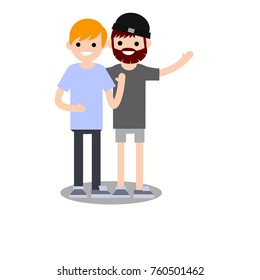 cartoon flat illustration - two young guys friend - a bearded man in grey clothes and the red hair guy in the blue t-shirt
