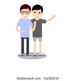 cartoon flat illustration - two young guys friend - asian nerd in glasses and blue clothes and the guy in the grey t-shirt
