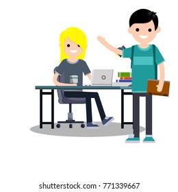 cartoon flat illustration - two young student, boy and girl. Girl sit on a chair at the table with books and laptop and coffee.