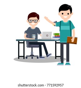 cartoon flat illustration - two young guy student. Boy nerd in grey cloth sits on a chair at the table with books and laptop and coffee.