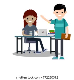 cartoon flat illustration - two young student, boy and girl, girl sit on a chair at the table with books and laptop and coffee.