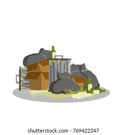 cartoon flat illustration - urban waste people. The trash in the landfill. Waste containers, bins, empty cardboard boxes, bottles, scraps, cans, junk. Pollution of the environment.