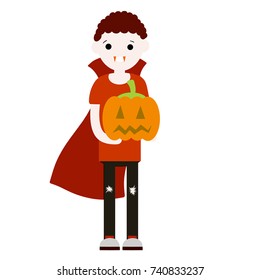 Cartoon Flat Illustration Vampire Costume Halloween Red Teeth Fangs And Cape, Head Pumpkin