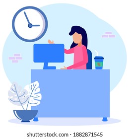 Cartoon Flat Illustration Vector Busy Business Woman or Freelance Worker Working Laptop Sitting at Workplace Desk Thinking of Assignments. Brainstorm Freelance Outsourcing Worker Jobs.