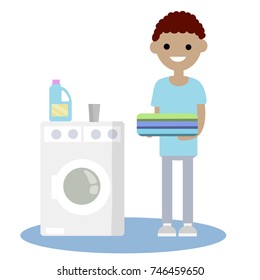 cartoon flat illustration - washing machine clothes the guy in the blue clothes with detergent