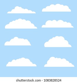 Cartoon flat illustration - white clouds on blue sky background. element of good weather. environment of nature. summer background

