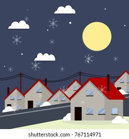 cartoon flat illustration - winter private houses of the suburbs. Low-rise buildings with red roofs,  Snow and night moon
