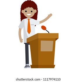 Cartoon flat illustration - a woman in a white shirt and tie is a young politician. the girl behind the podium with the report waving. public debate and elections. voting for a afro american person.
