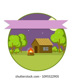 Cartoon flat illustration - wooden farmhouse in the suburbs. camp fire. night sky and green trees. old holiday home. natural landscape.  the concept of life in the village with pink ribbon in circle
