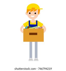 cartoon flat illustration - worker in yellow clothes, a porter wearing a cap with a box of things