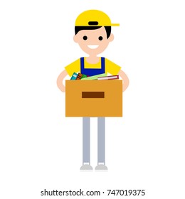 cartoon flat illustration - working in an orange jumpsuit with box porter with things