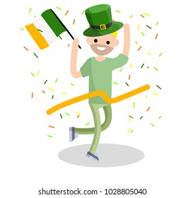 Cartoon flat illustration- a young beard guy runs with a ribbon. The celebration of the Irish holiday St. Patrick's day. A man dressed in green with a hat and a flag. Happiness and joy of man.
