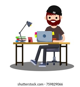cartoon flat illustration - young beard in hat guy in dark clothes sits on a chair at the table with books, lamp, laptop,
