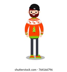 cartoon flat illustration - young beard man in christmas sweater