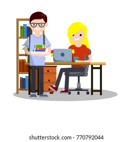 cartoon flat illustration - a young blond girl student sitting on a chair at a Desk with a computer and books. Nerd guy with glasses in blue dress with a stack of textbooks in his hands.