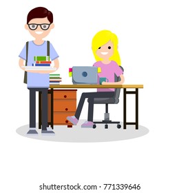 cartoon flat illustration - a young blond girl in pink cloth student sitting on a chair at a Desk with a computer and books. Nerd guy with glasses in blue dress with a stack of textbooks in his hands.