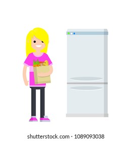 Cartoon flat illustration - a young blonde girl with pink clothes stands near a refrigerator with a package of products. Device to keep food fresh. home appliances. the element of kitchen furniture. 