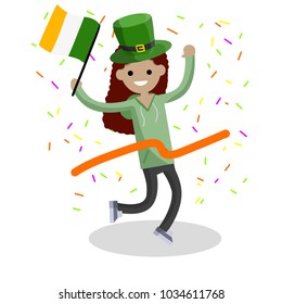 Cartoon flat illustration- a young female runs with a ribbon. The celebration of the Irish holiday St. Patrick's day. A girl dressed in green with a hat and a flag. Happiness and joy of woman.
