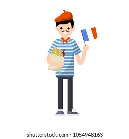 Cartoon flat illustration - a young French guy in a striped t-shirt with a red tie. man with the flag of France, a package of products - bread and wine. national costume. European tourism